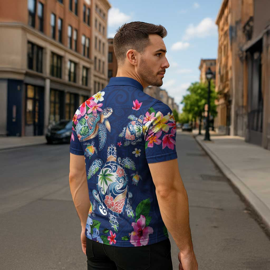 Hawaiian Turtles and Tropical Plants Zipper Polo Shirt Blue Watercolor