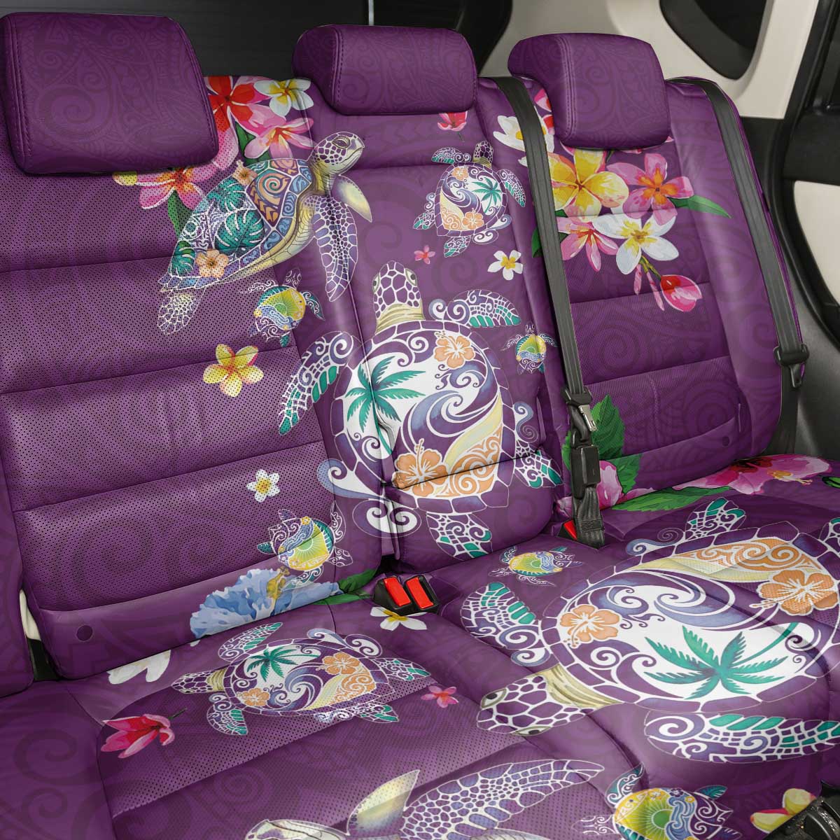 Hawaiian Turtles and Tropical Plants Back Car Seat Cover Purple Watercolor