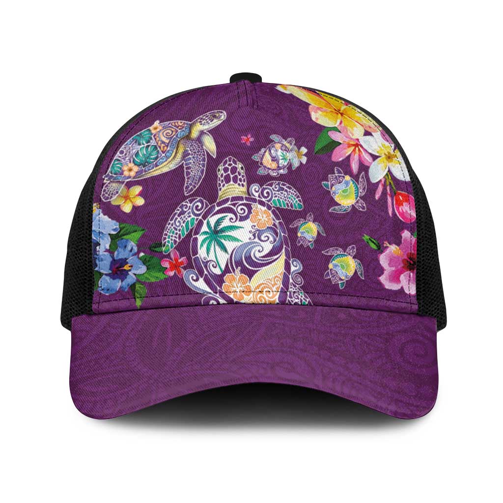 Hawaiian Turtles and Tropical Plants Baseball Net Cap Purple Watercolor