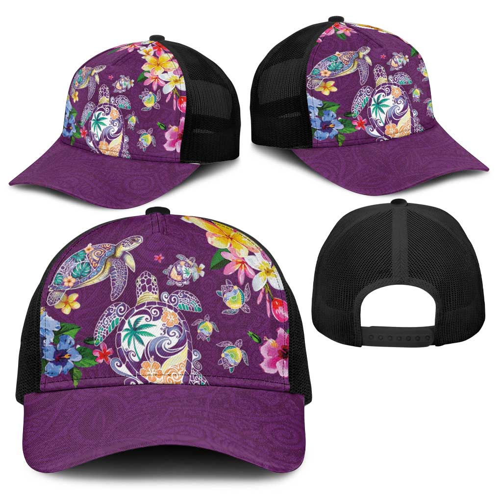 Hawaiian Turtles and Tropical Plants Baseball Net Cap Purple Watercolor