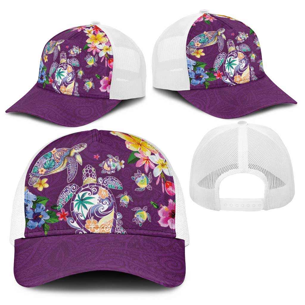 Hawaiian Turtles and Tropical Plants Baseball Net Cap Purple Watercolor