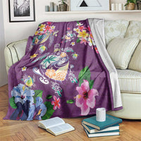 Hawaiian Turtles and Tropical Plants Blanket Purple Watercolor