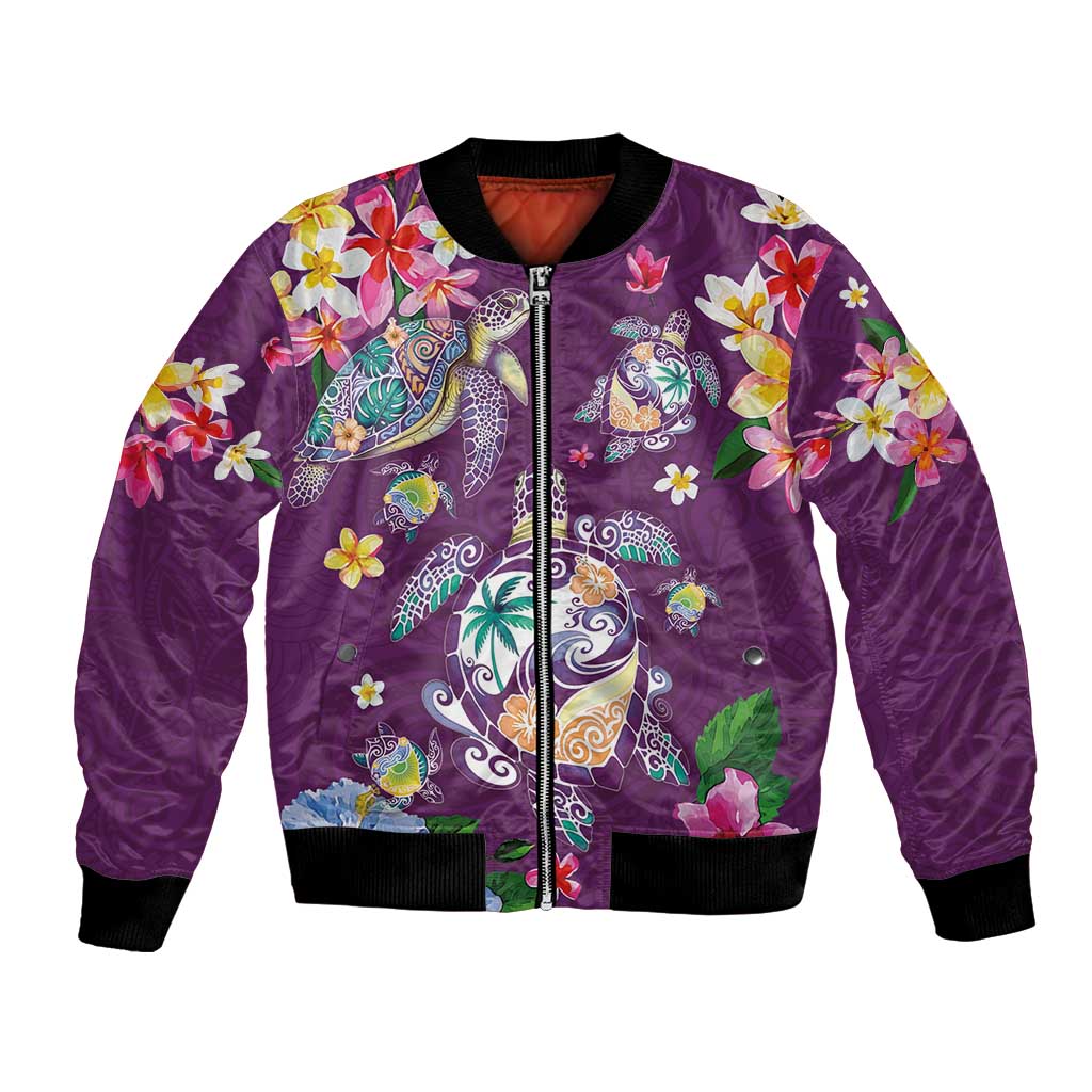 Hawaiian Turtles and Tropical Plants Bomber Jacket Purple Watercolor
