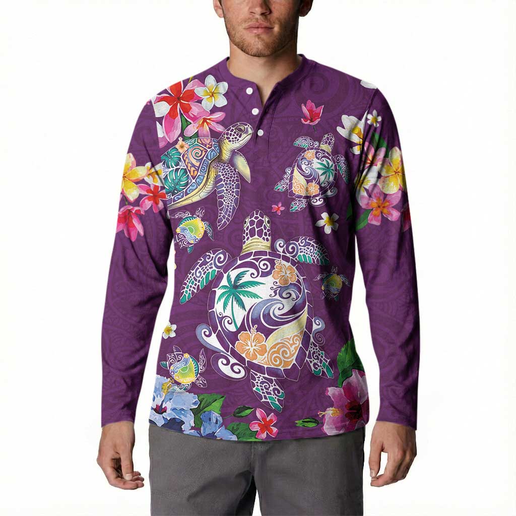Hawaiian Turtles and Tropical Plants Button Sweatshirt Purple Watercolor