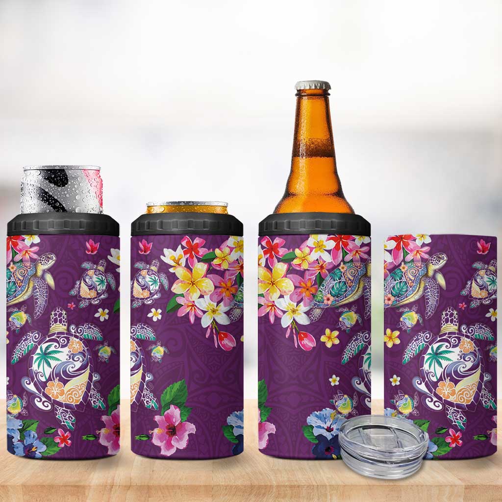 Hawaiian Turtles and Tropical Plants 4 in 1 Can Cooler Tumbler Purple Watercolor