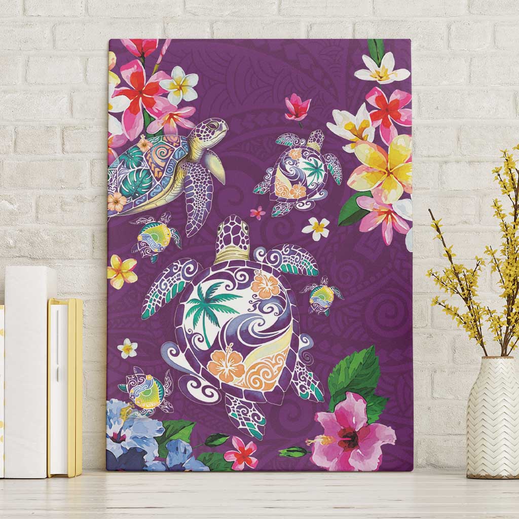 Hawaiian Turtles and Tropical Plants Canvas Wall Art Purple Watercolor