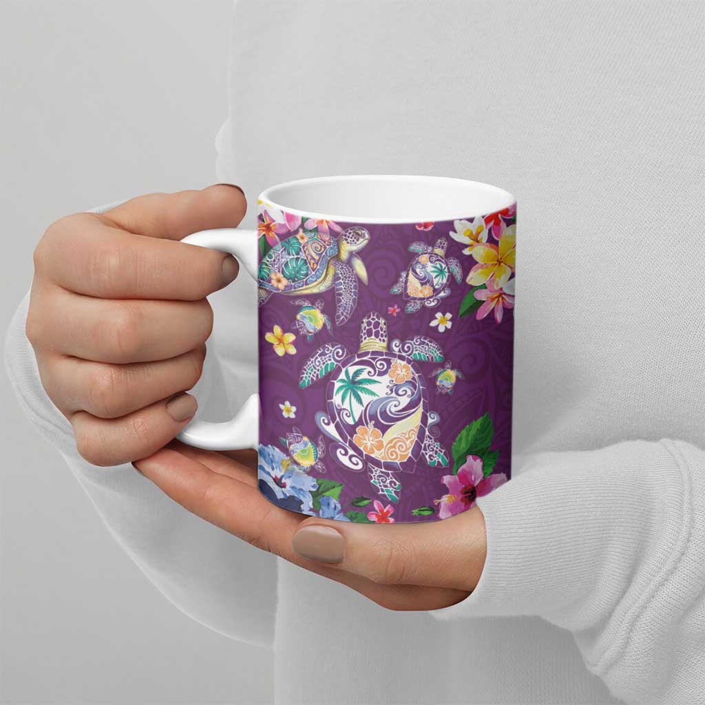 Hawaiian Turtles and Tropical Plants Ceramic Mug Purple Watercolor