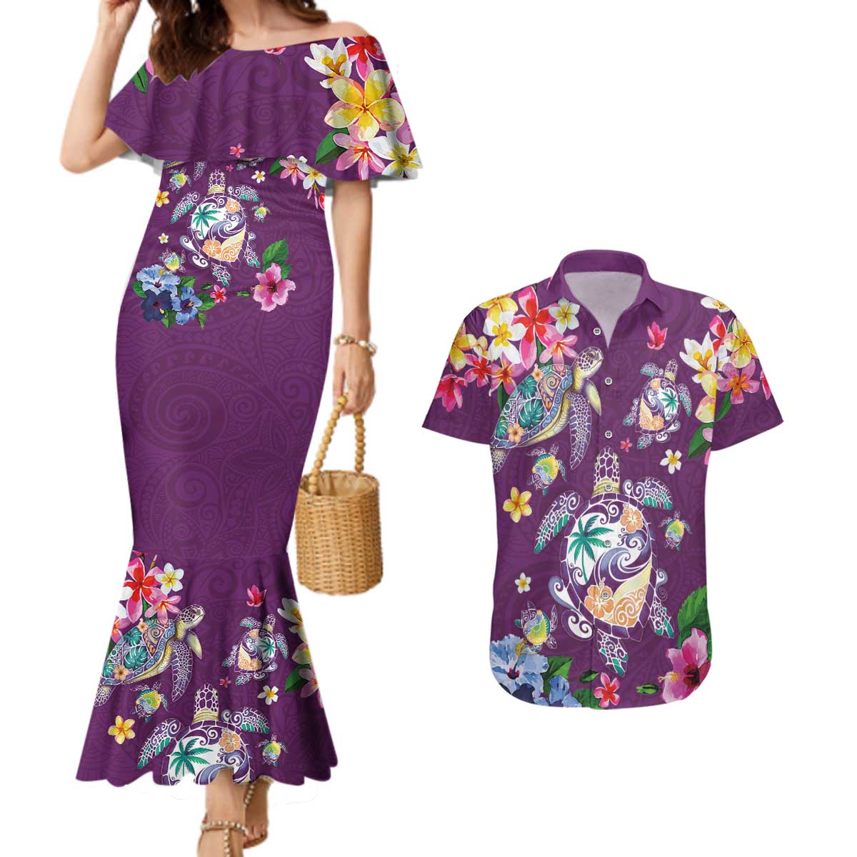 Hawaiian Turtles and Tropical Plants Couples Matching Mermaid Dress and Hawaiian Shirt Purple Watercolor LT03 Purple - Polynesian Pride