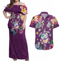 Hawaiian Turtles and Tropical Plants Couples Matching Off Shoulder Maxi Dress and Hawaiian Shirt Purple Watercolor LT03 Purple - Polynesian Pride