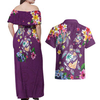 Hawaiian Turtles and Tropical Plants Couples Matching Off Shoulder Maxi Dress and Hawaiian Shirt Purple Watercolor LT03 - Polynesian Pride