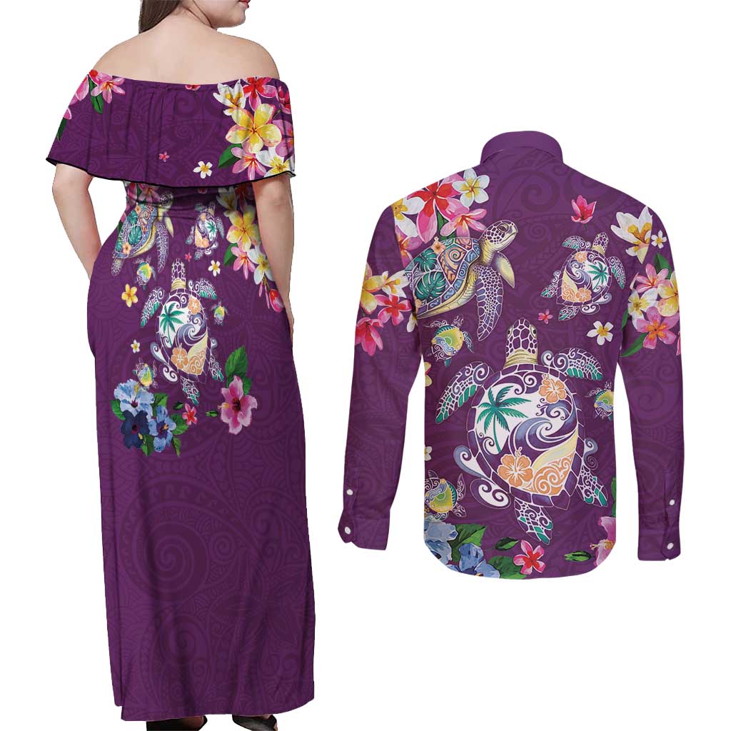 Hawaiian Turtles and Tropical Plants Couples Matching Off Shoulder Maxi Dress and Long Sleeve Button Shirt Purple Watercolor