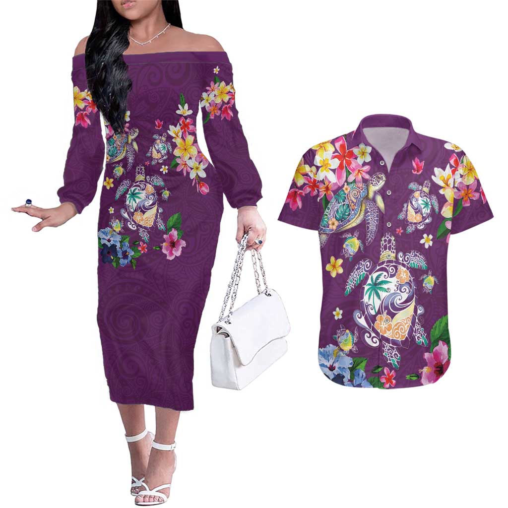 Hawaiian Turtles and Tropical Plants Couples Matching Off The Shoulder Long Sleeve Dress and Hawaiian Shirt Purple Watercolor LT03 Purple - Polynesian Pride