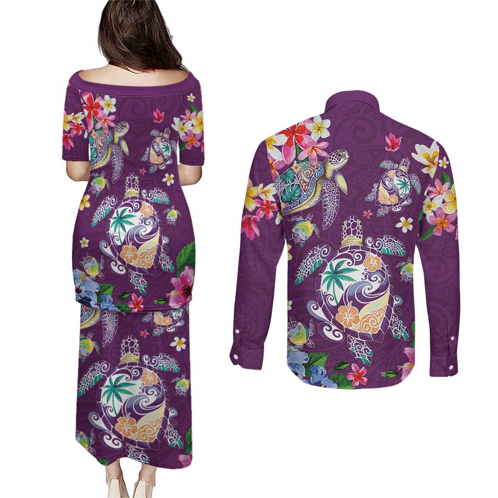 Hawaiian Turtles and Tropical Plants Couples Matching Puletasi and Long Sleeve Button Shirt Purple Watercolor