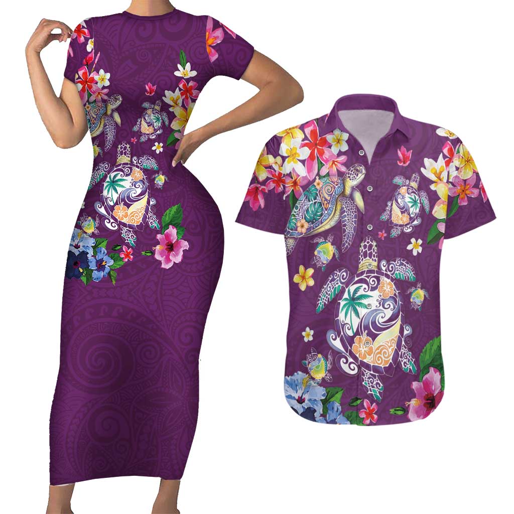 Hawaiian Turtles and Tropical Plants Couples Matching Short Sleeve Bodycon Dress and Hawaiian Shirt Purple Watercolor LT03 Purple - Polynesian Pride