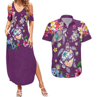 Hawaiian Turtles and Tropical Plants Couples Matching Summer Maxi Dress and Hawaiian Shirt Purple Watercolor LT03 Purple - Polynesian Pride