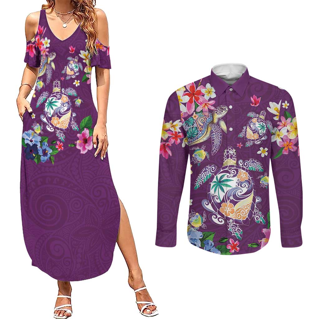 Hawaiian Turtles and Tropical Plants Couples Matching Summer Maxi Dress and Long Sleeve Button Shirt Purple Watercolor