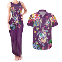 Hawaiian Turtles and Tropical Plants Couples Matching Tank Maxi Dress and Hawaiian Shirt Purple Watercolor LT03 Purple - Polynesian Pride