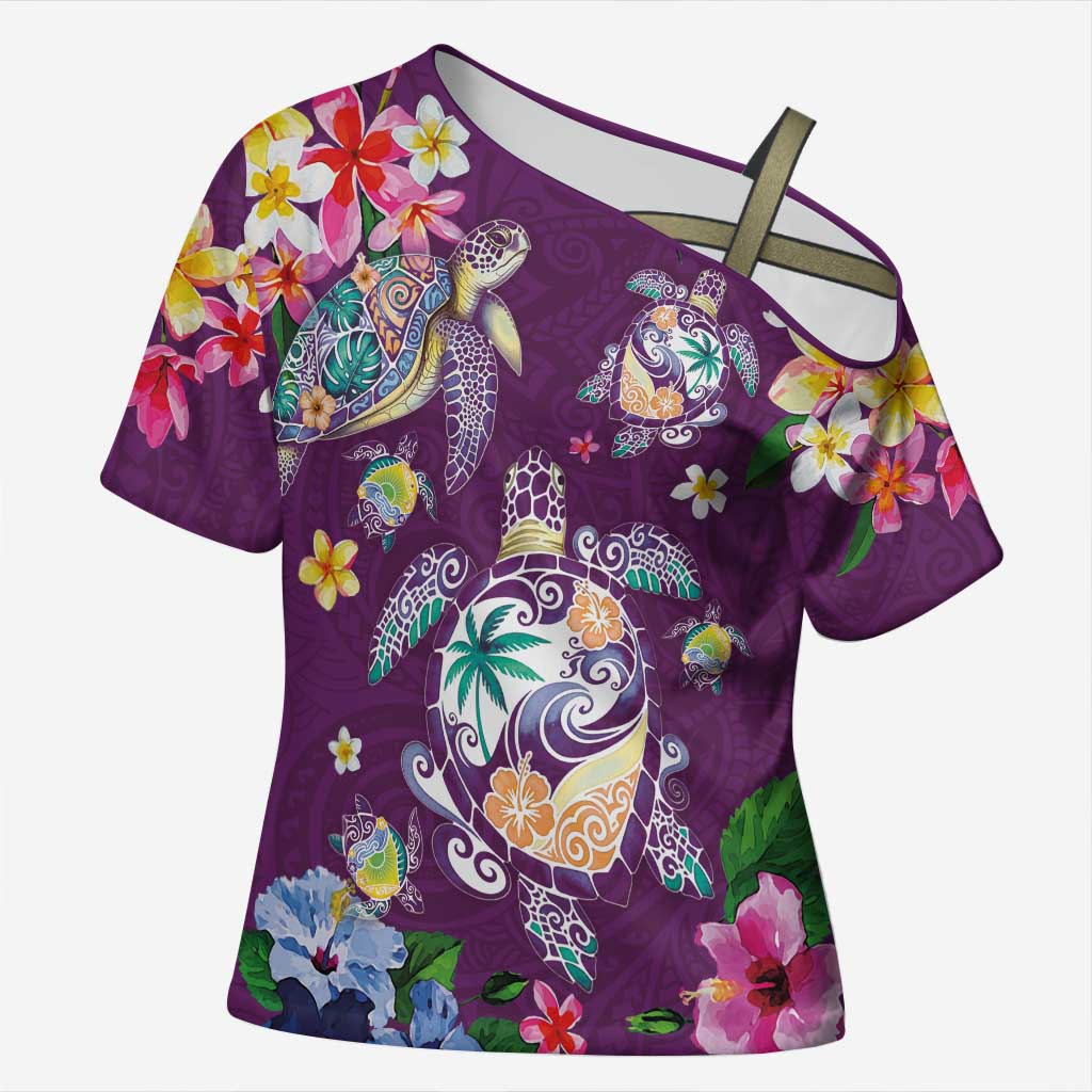 Hawaiian Turtles and Tropical Plants Cross Shoulder Shirt Purple Watercolor