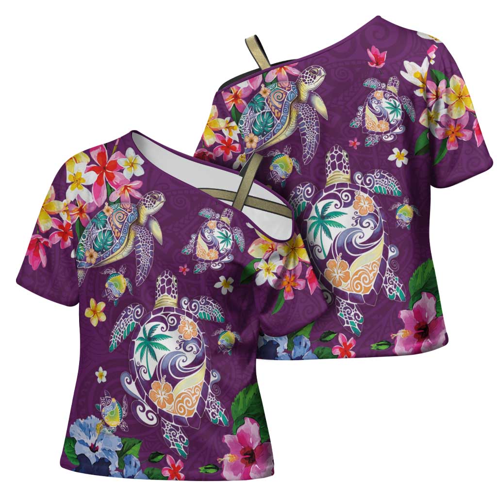 Hawaiian Turtles and Tropical Plants Cross Shoulder Shirt Purple Watercolor