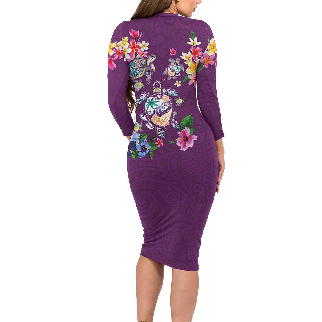 Hawaiian Turtles and Tropical Plants Family Matching Long Sleeve Bodycon Dress and Hawaiian Shirt Purple Watercolor LT03 - Polynesian Pride