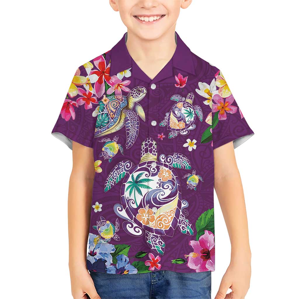 Hawaiian Turtles and Tropical Plants Family Matching Long Sleeve Bodycon Dress and Hawaiian Shirt Purple Watercolor LT03 Son's Shirt Purple - Polynesian Pride