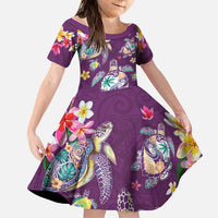 Hawaiian Turtles and Tropical Plants Family Matching Off Shoulder Maxi Dress and Hawaiian Shirt Purple Watercolor LT03 Daughter's Dress Purple - Polynesian Pride