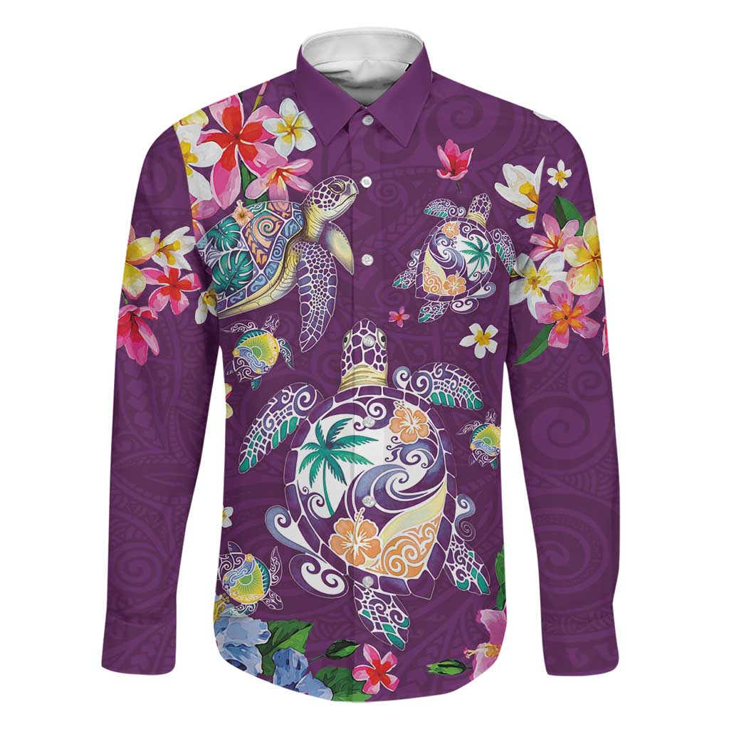 Hawaiian Turtles and Tropical Plants Family Matching Off Shoulder Maxi Dress and Hawaiian Shirt Purple Watercolor LT03 Dad's Shirt - Long Sleeve Purple - Polynesian Pride