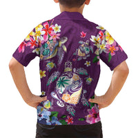 Hawaiian Turtles and Tropical Plants Family Matching Off Shoulder Short Dress and Hawaiian Shirt Purple Watercolor LT03 - Polynesian Pride