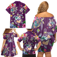 Hawaiian Turtles and Tropical Plants Family Matching Off Shoulder Short Dress and Hawaiian Shirt Purple Watercolor LT03 - Polynesian Pride