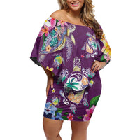 Hawaiian Turtles and Tropical Plants Family Matching Off Shoulder Short Dress and Hawaiian Shirt Purple Watercolor LT03 Mom's Dress Purple - Polynesian Pride