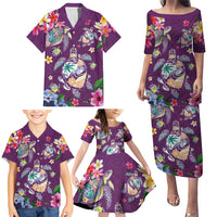 Hawaiian Turtles and Tropical Plants Family Matching Puletasi and Hawaiian Shirt Purple Watercolor LT03 - Polynesian Pride