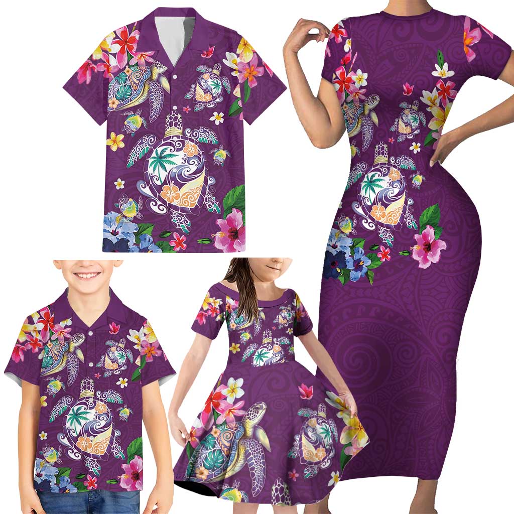 Hawaiian Turtles and Tropical Plants Family Matching Short Sleeve Bodycon Dress and Hawaiian Shirt Purple Watercolor