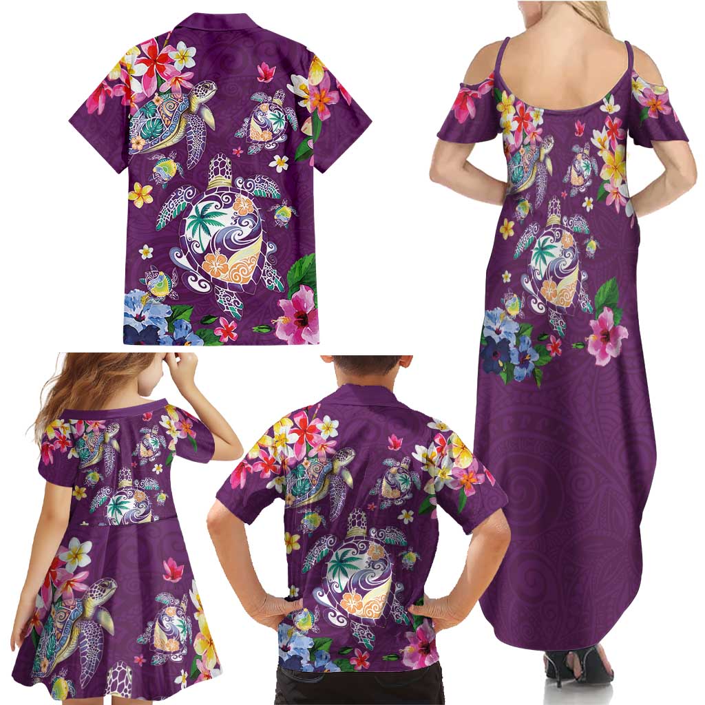 Hawaiian Turtles and Tropical Plants Family Matching Summer Maxi Dress and Hawaiian Shirt Purple Watercolor LT03 - Polynesian Pride