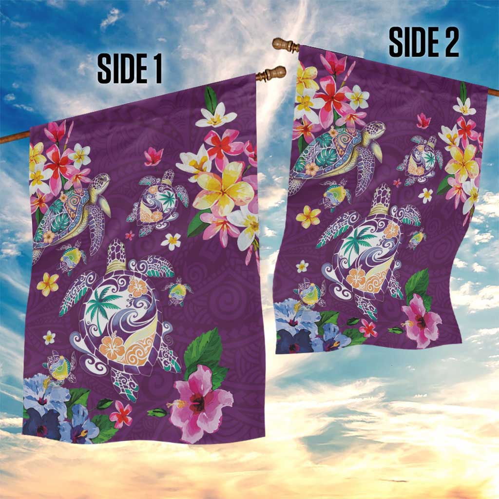 Hawaiian Turtles and Tropical Plants Garden Flag Purple Watercolor