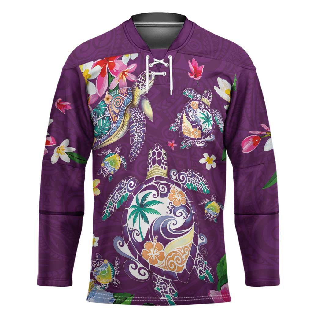 Hawaiian Turtles and Tropical Plants Hockey Jersey Purple Watercolor