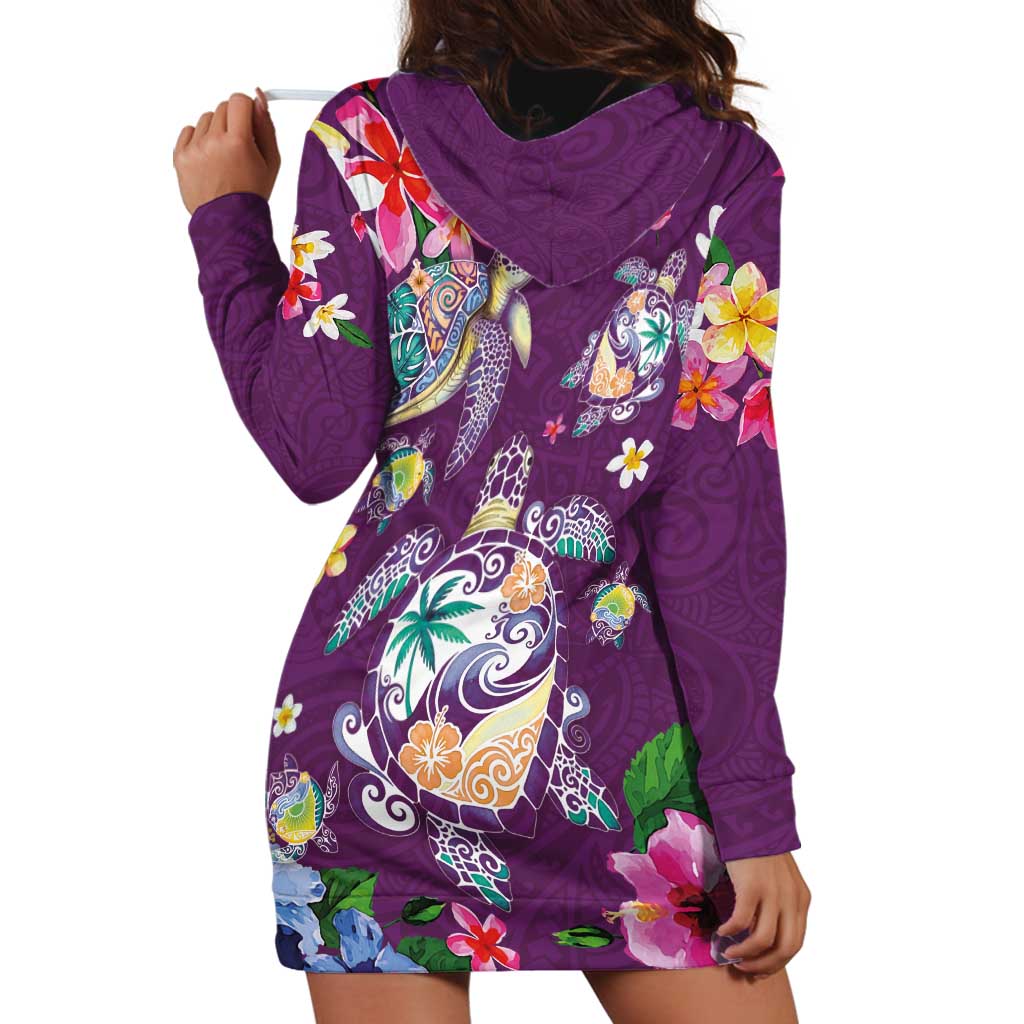 Hawaiian Turtles and Tropical Plants Hoodie Dress Purple Watercolor