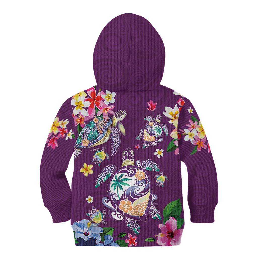 Hawaiian Turtles and Tropical Plants Kid Hoodie Purple Watercolor