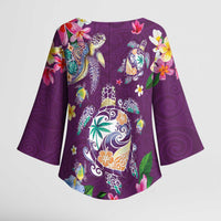 Hawaiian Turtles and Tropical Plants Kimono Sleeve Blouse Purple Watercolor