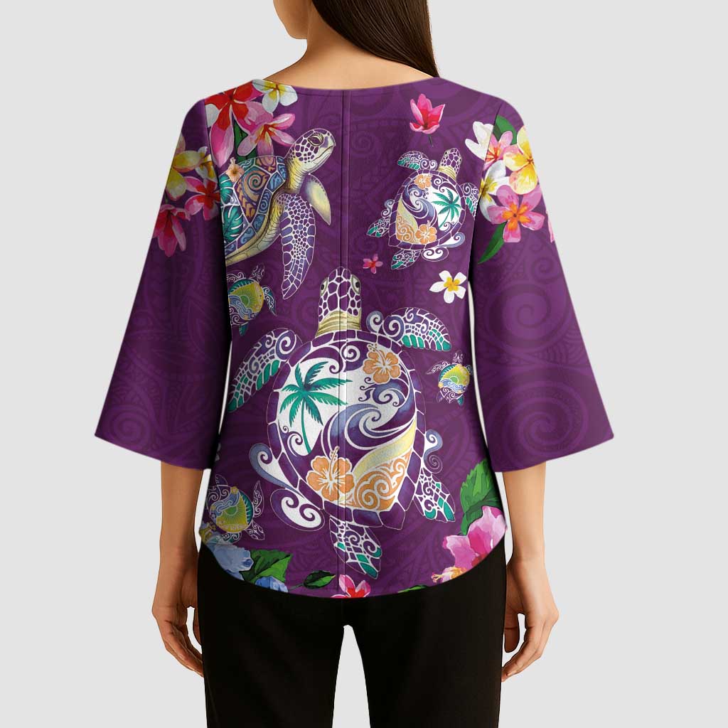 Hawaiian Turtles and Tropical Plants Kimono Sleeve Blouse Purple Watercolor