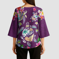 Hawaiian Turtles and Tropical Plants Kimono Sleeve Blouse Purple Watercolor
