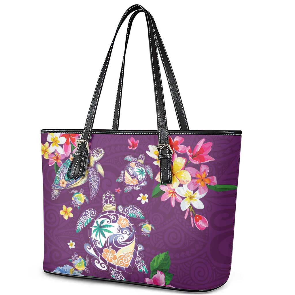 Hawaiian Turtles and Tropical Plants Leather Tote Bag Purple Watercolor