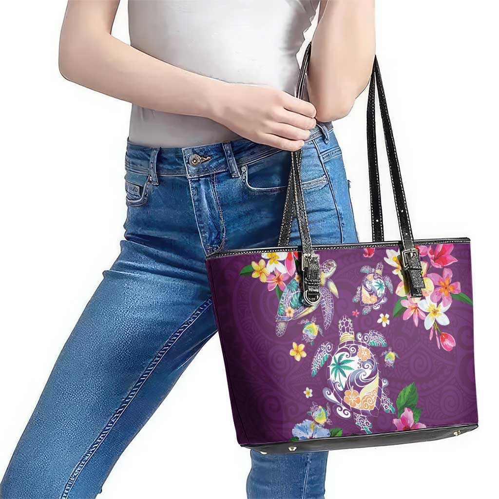 Hawaiian Turtles and Tropical Plants Leather Tote Bag Purple Watercolor