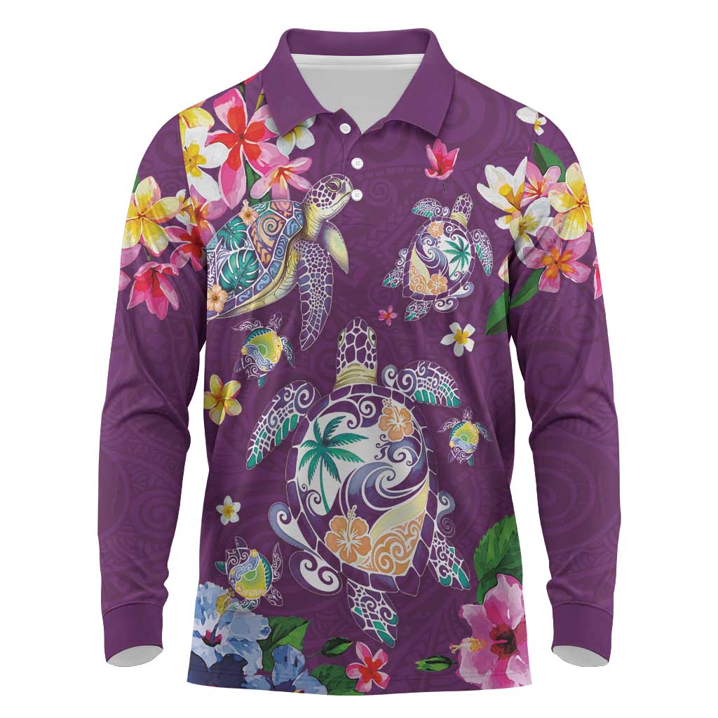 Hawaiian Turtles and Tropical Plants Long Sleeve Polo Shirt Purple Watercolor LT03 Purple - Polynesian Pride