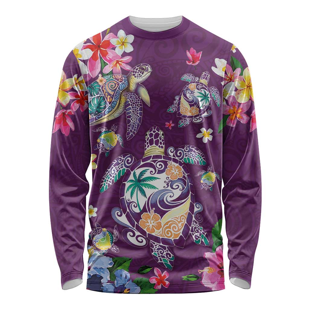 Hawaiian Turtles and Tropical Plants Long Sleeve Shirt Purple Watercolor