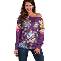 Hawaiian Turtles and Tropical Plants Off Shoulder Sweater Purple Watercolor