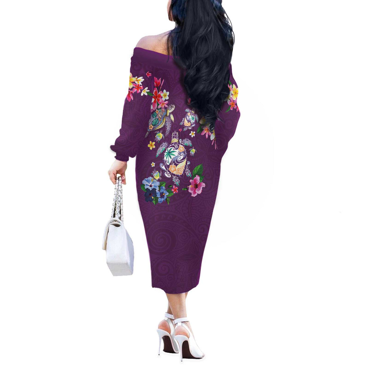 Hawaiian Turtles and Tropical Plants Off The Shoulder Long Sleeve Dress Purple Watercolor