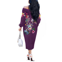 Hawaiian Turtles and Tropical Plants Off The Shoulder Long Sleeve Dress Purple Watercolor