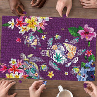 Hawaiian Turtles and Tropical Plants Puzzle Purple Watercolor