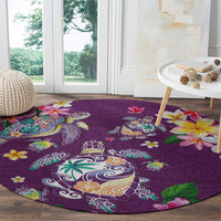 Hawaiian Turtles and Tropical Plants Round Carpet Purple Watercolor