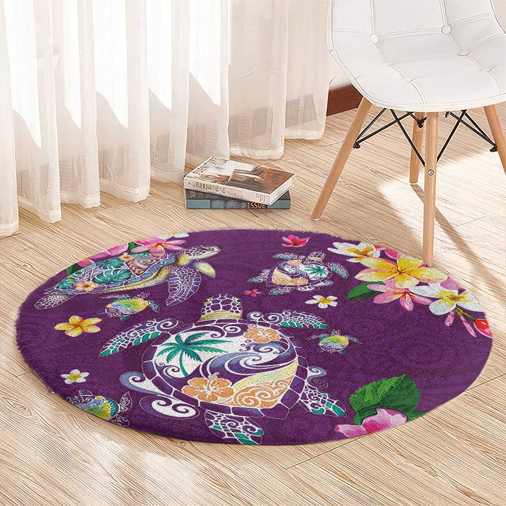 Hawaiian Turtles and Tropical Plants Round Carpet Purple Watercolor